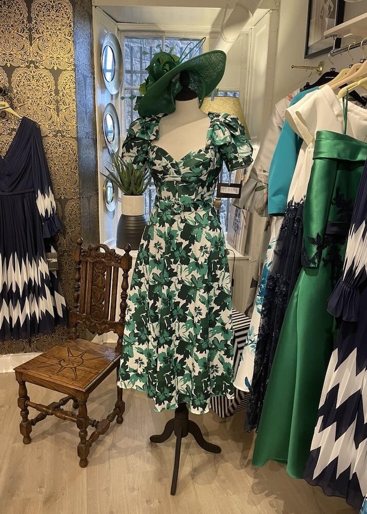 fashionable green patterned dress in Linzi Crawfords shop